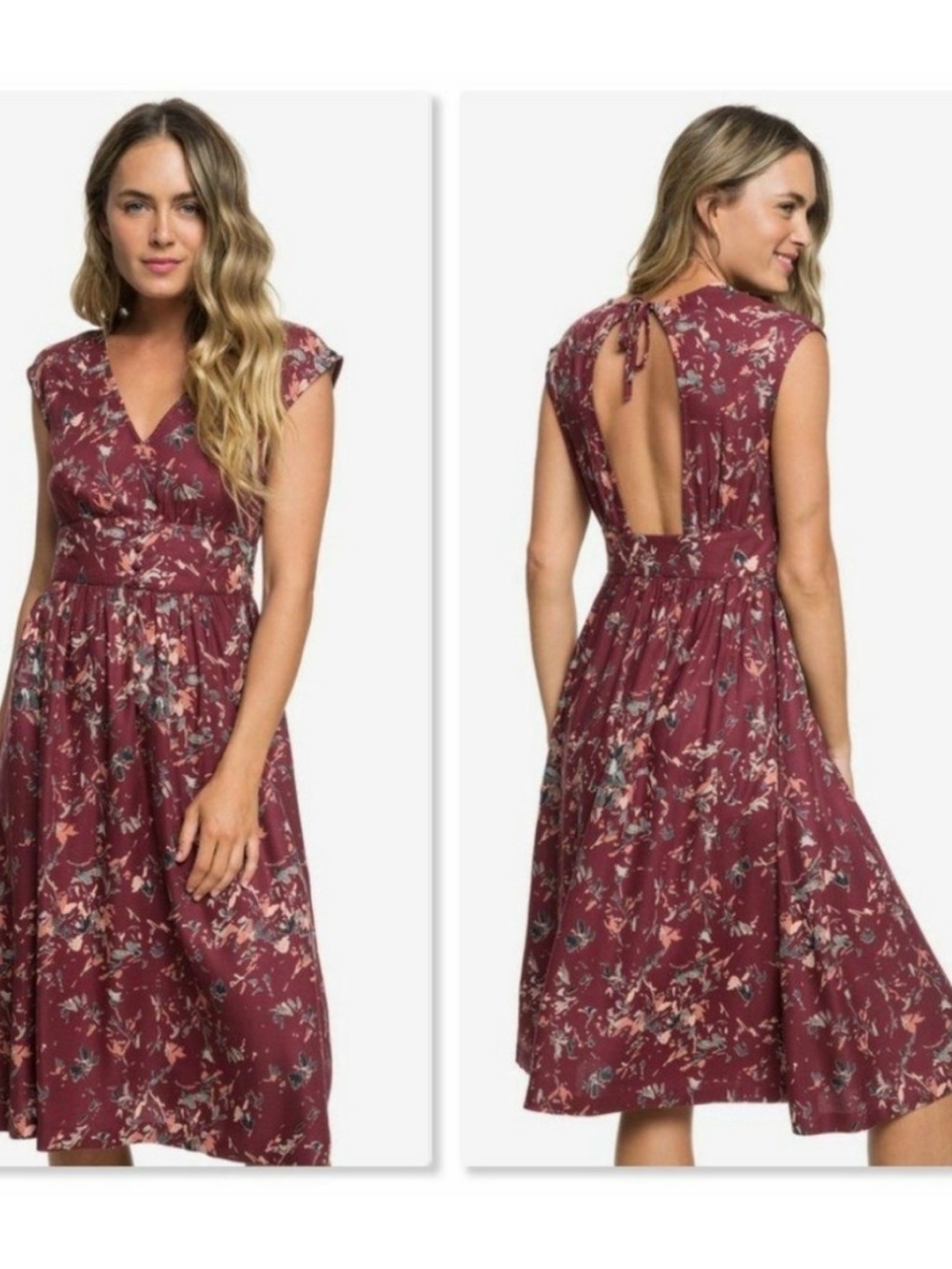 Roxy Burgundy Floral Tie-Back Midi Dress